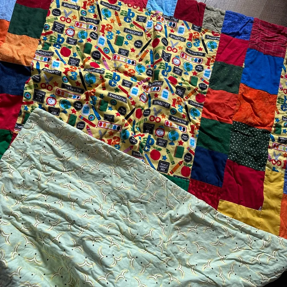 Multicolor Patchwork Twin Quilt with School Theme Handmade